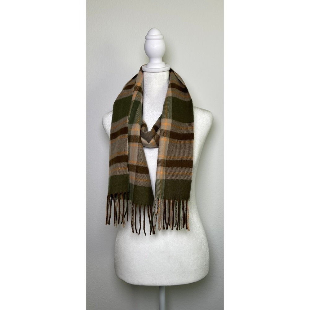 100% Cashmere Plaid Scarf Olive Green Brown Fringe Trim Cozy Luxe Old Money - Picture 2 of 5